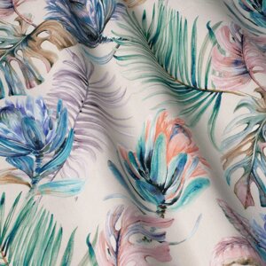 Вулична тканина дралон тропіки різнокольорові листя з блакитною квіткою 88265v1
