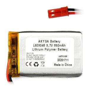 Li-Pol акумулятор Akyga 850mAh 1S 3.7V - JST-BEC male + female - 48x30x6mm
