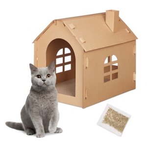 Картонний котячий будиночок з когтеточкою