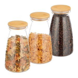 Набір скляних банок з бамбуковою кришкою для зберігання продуктів, скло / бамбук / силікон, 3 шт.