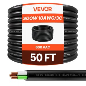 Електричний кабель VEVOR 15,24 м 10AWG, мідний подовжувальний кабель живлення 600 В