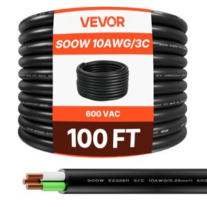 Електричний кабель VEVOR 30,48 м 10AWG, силовий кабель, мідний подовжувач, дріт 600 В