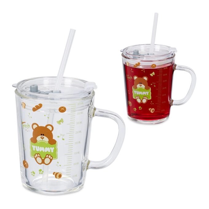 Набір дитячих склянок з кришкою і соломинкою Ведмідь, 2шт, 400 мл, скло / ABS / силікон від компанії магазин Апельсин - фото 1