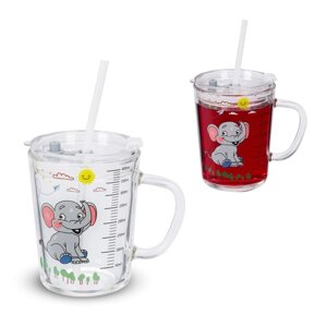 Набір дитячих склянок з ручкою, кришкою і соломинкою Слон, 2шт, 400 мл, скло / ABS / силікон