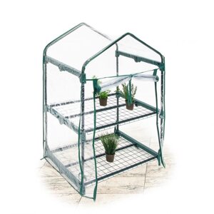 Прозора теплиця з плівкою ПВХ на блискавці і полицями для вирощування рослин