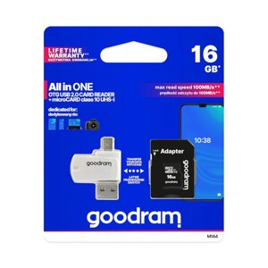 Goodram All in One - Карта пам'яті microSD класу 10 на 16 ГБ + адаптер + зчитувач OTG