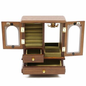 Дерев'яна скринька для зберігання ювелірних виробів з 2 ящиками Органайзер для ювелірних виробів зі скляними дверцятами