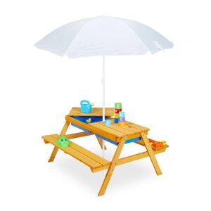 Комплект дитячих сидінь і столу з парасолькою для пікніка, пляжу, кемпінгу, 2 ванночки, дерево / поліестер / пластик