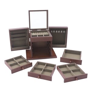 Дерев'яна скринька для ювелірних виробів з 5 рівнями і дзеркалом для зберігання прикрас Коричнева скринька для