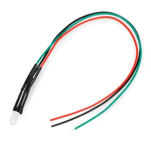 Світлодіод 5мм 12В з одним резистором і одним проводом - двоколірний червоний/зелений - загальний катод - 5шт.