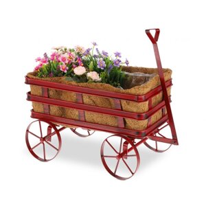 Декоративна кошик для квітів у вигляді садової візки, сталь / кокосове волокно, червоний, 42,5 x 46,5 x 26 см