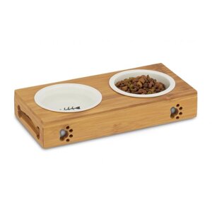 Комплект керамічних мисок на бамбуковій підставці для годування кішок і маленьких порід собак