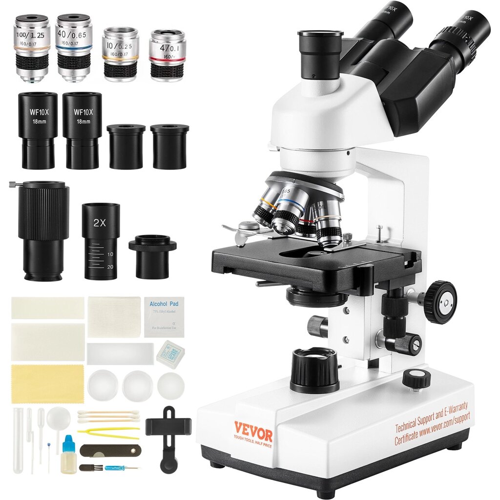 Тринокулярний мікроскоп VEVOR 10X, 25X, 2X з допоміжними об'єктивами, об'єктиви 4X, 10X, 40X, 100X, лабораторний від компанії магазин Апельсин - фото 1
