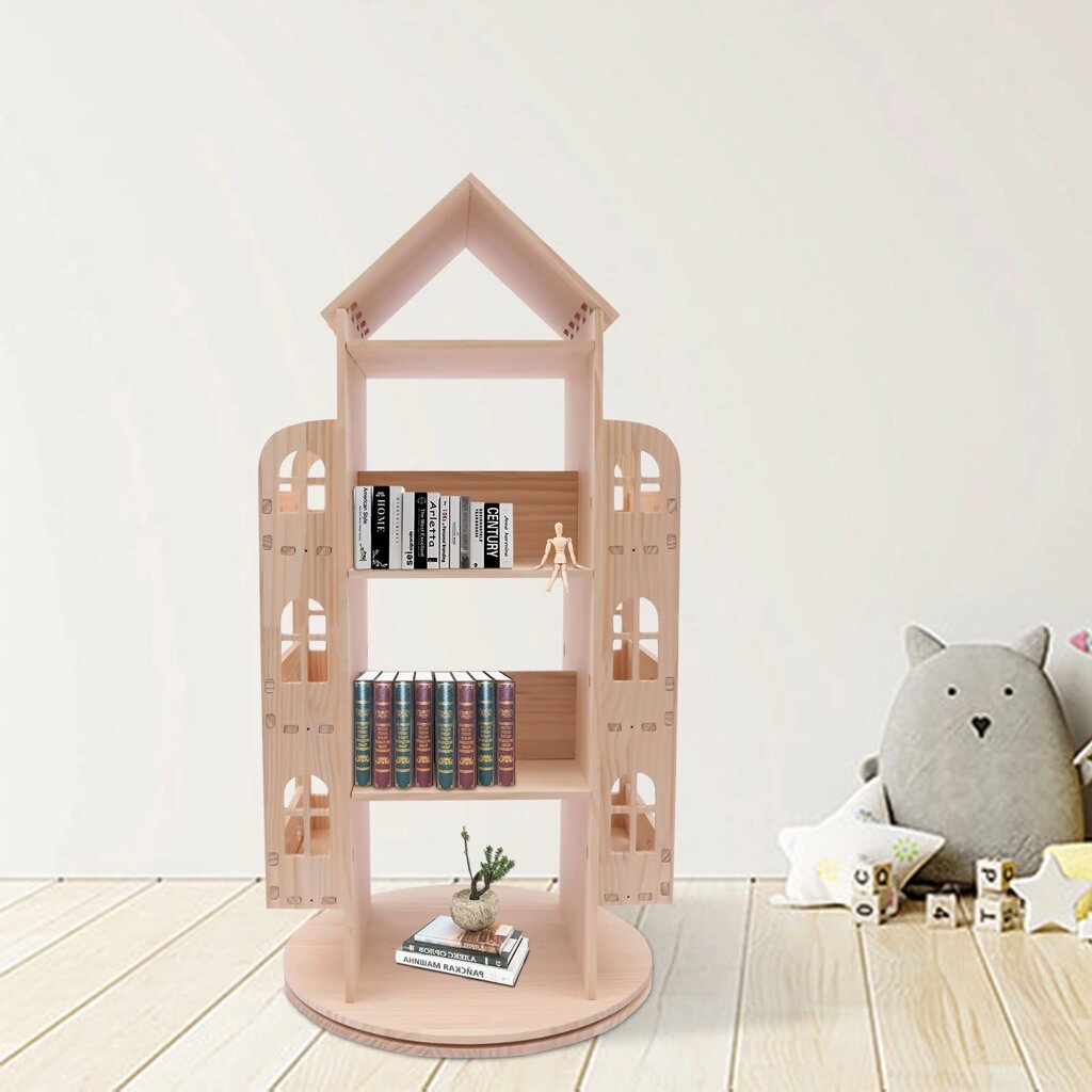 Велика дерев'яна дитяча книжкова полиця, що обертається на 360 градусів у формі будиночка Підлогова полиця Дитяча від компанії магазин Апельсин - фото 1