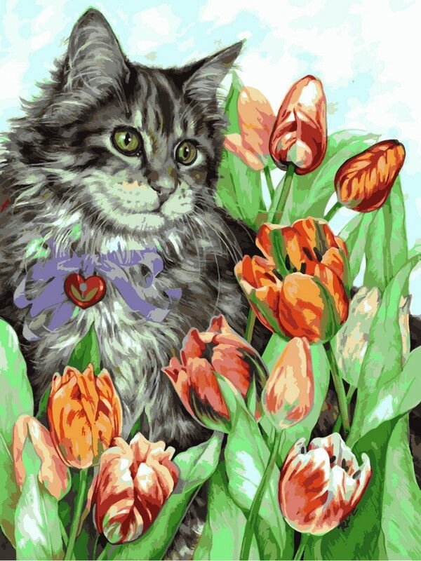 Картина по номерам на полотні 30 * 40см Бебілон Турбо VK016 Котик в тюльпанах худ. Райс Донна - гарантія