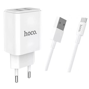 Мережевий зарядний пристрій USB-A 2xPorts 2.1A + кабель Micro-USB Hoco Home Charger C62A_Білий