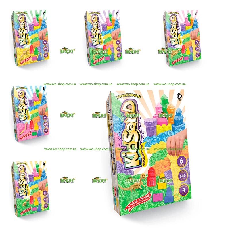 Кінетичний пісок DankoToys KidSand в коробці з формами 6 кольорів (350, 500, 1000 г) від компанії Інтернет магазин «Во!» www. wo-shop. com. ua - фото 1