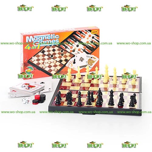Набір ігор 4 в 1 Magnetic games Leon 9841 шахи, шашки, нарди, карти від компанії Інтернет магазин «Во!» www. wo-shop. com. ua - фото 1