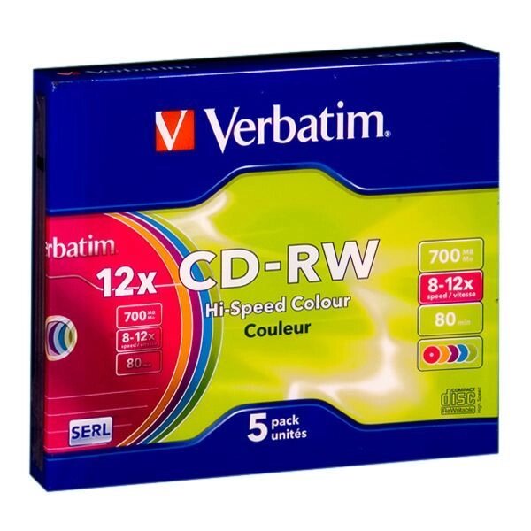 CD-RW Verbatim DL + 700 MB / 80 min 8x-12x Colour Slim (5 Pack, 43167) від компанії Приватне підприємство "Кваліор" - фото 1