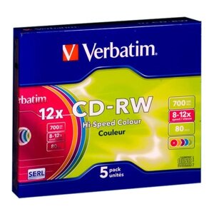CD-RW Verbatim DL + 700 MB / 80 min 8x-12x Colour Slim (5 Pack, 43167)