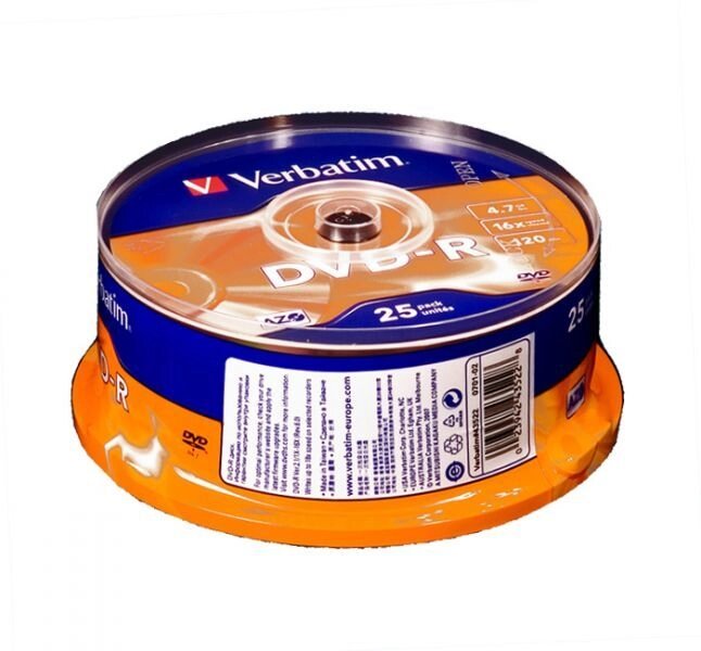 Диск DVD-R Verbatim 4.7 GB / 120 min 16x (25 pcs Cake Box) (43522) від компанії Приватне підприємство "Кваліор" - фото 1