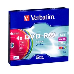 Диск DVD-RW Verbatim 4.7 GB / 120 min 4x Slim Color (5 Pack, 43563)