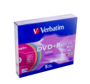 Диск DVD + R Verbatim 4.7 GB / 120 min 16x Slim Color (5 Pack, 43556)