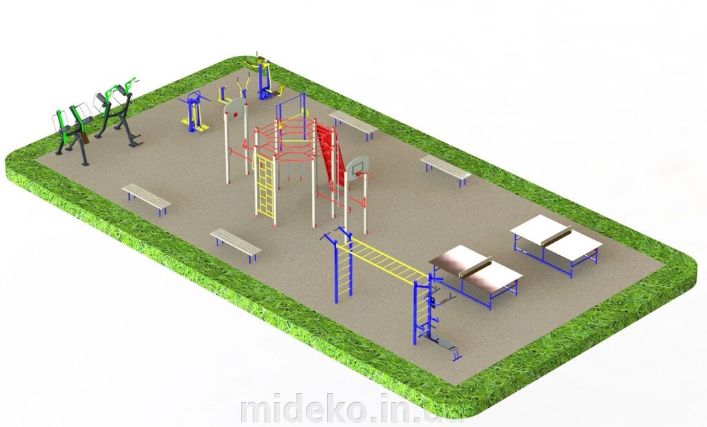 Спортивний майданчик з вуличними тренажерами 1336 від компанії ТОВ "МІДЕКО ГРУП" облаштування дитячих і спортивних майданчиків - фото 1