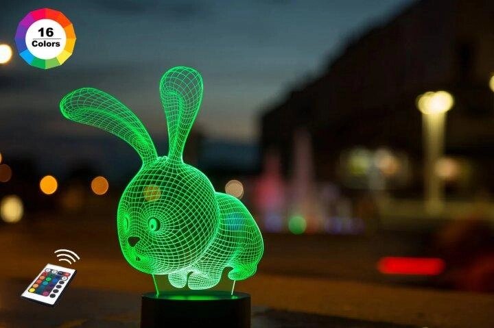 3D нічник "Кролик" (ВОЛІЧНЕ ЗОБРАЖЕННЯ) + пульт ДК + мережевий адаптер + батарейки (3ААА)  3DTOYSLAMP від компанії Shock km ua - фото 1