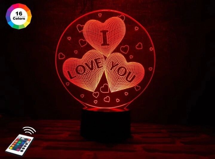 3D-нічник "Серця в кругі "I love you" (УВАЛИЧЕННЕ ЗОБРАЖЕННЯ) + пульт ДК + мережевий адаптер +батарейки (3ААА) від компанії Shock km ua - фото 1