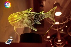 3D нічник "акула"волічне зображення)+ пульт дк + мережевий адаптер + батарейки (3ааа)  3dtoyslamp