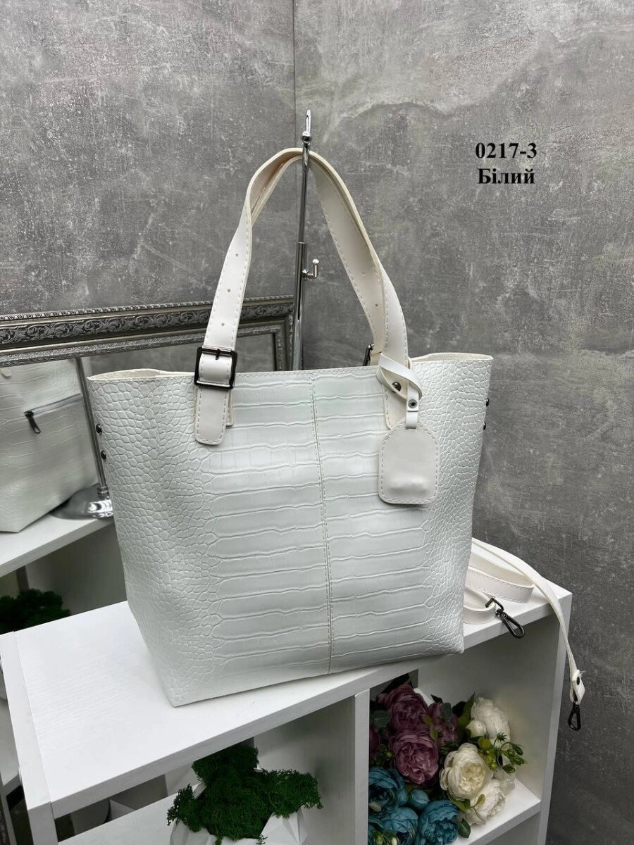 Білий — без логотипу - стильна велика сумка, екошкіра з тисненням під крокодила (0217-3) від компанії Shock km ua - фото 1