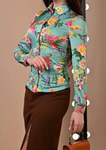 Блуза жіноча бірюзова з малюнком П420 38