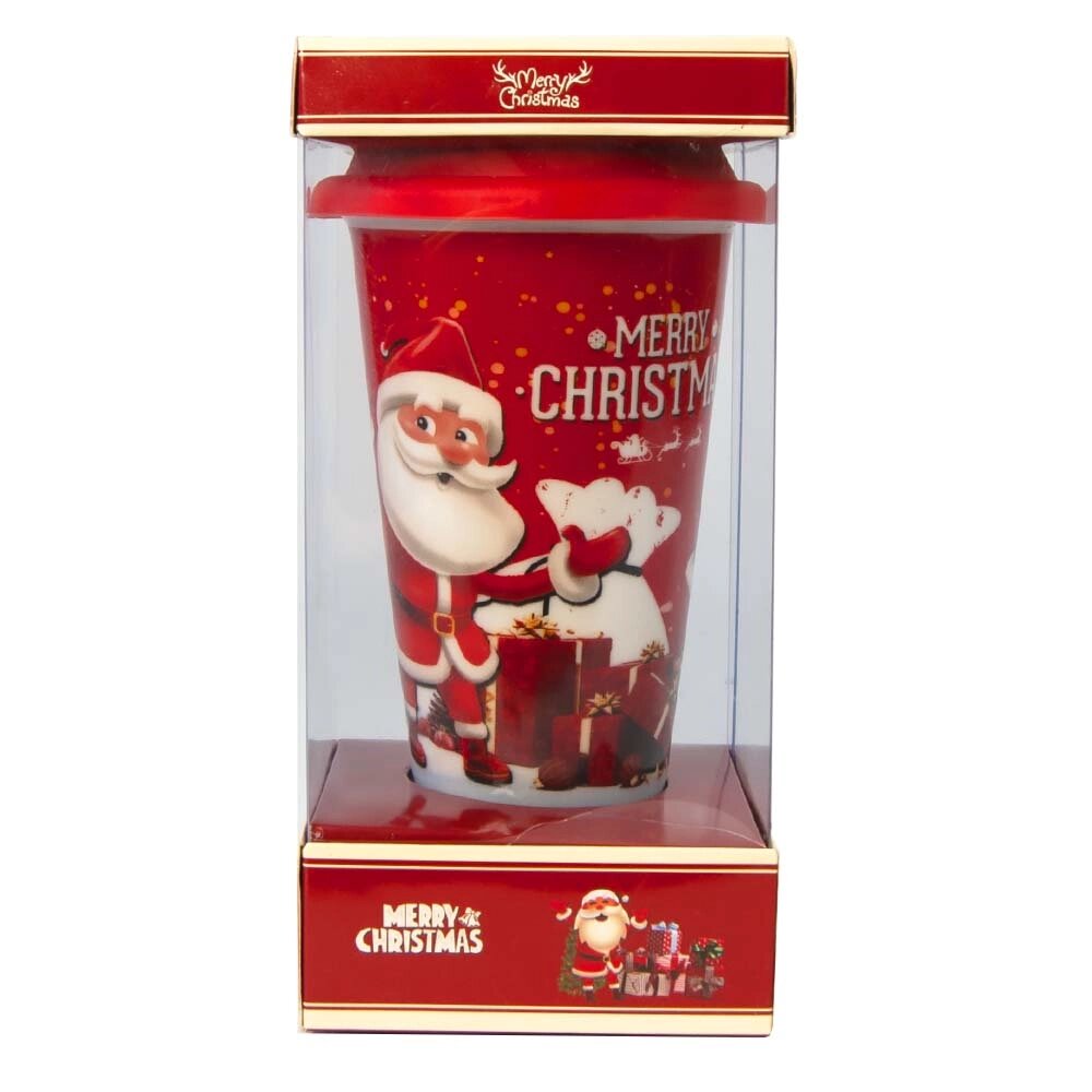 Чашка склянка Новорічна з силіконовою кришкою 72513 Санта з подарунками (червона) від компанії Shock km ua - фото 1