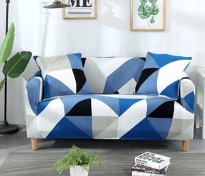 Чохол на диван + 2 крісла еластичні принт Homytex Ромб синьо-блакитний