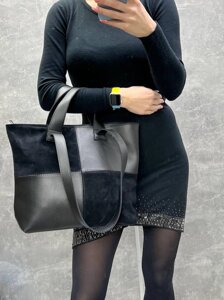 Чорна — велика, стильна та елегантна сумка на блискавці зі вставками з натуральної замші (0495-1)