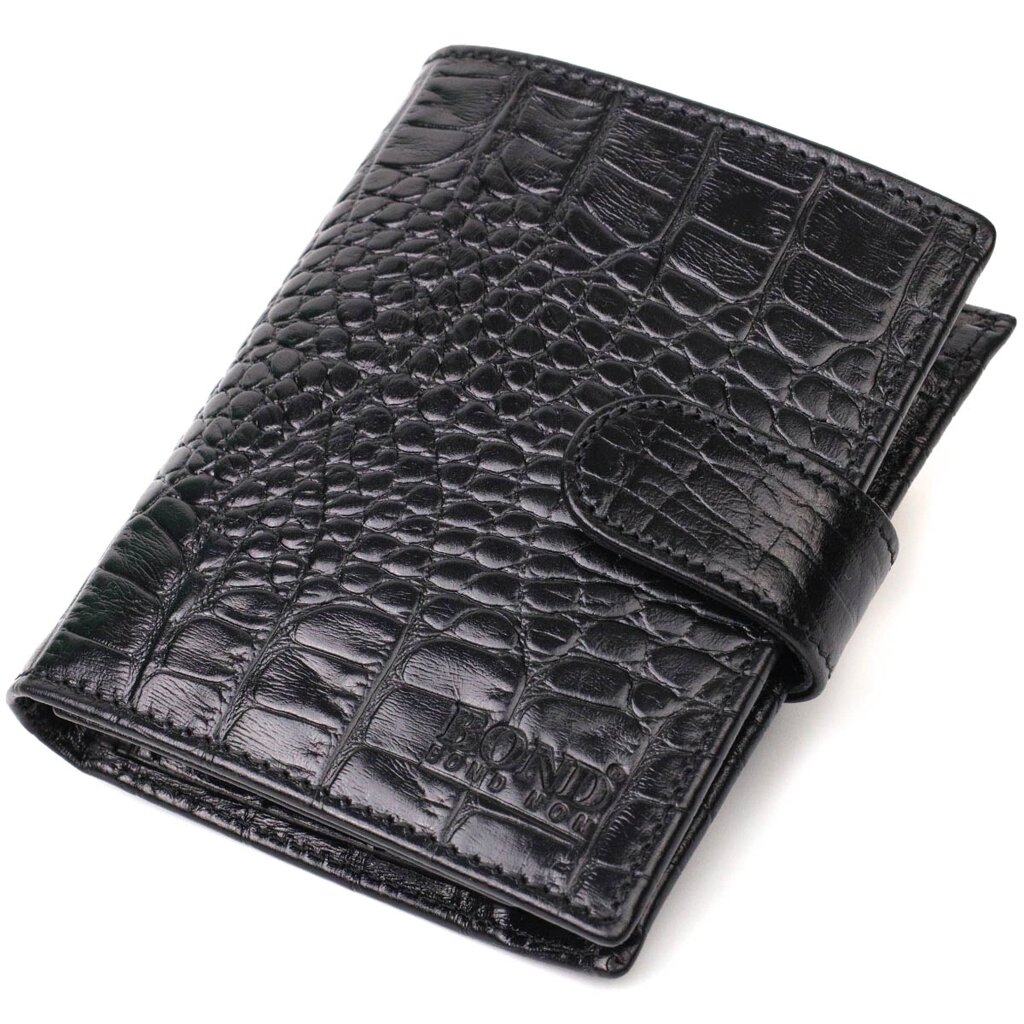 Чоловічий фактурний вертикальний гаманець із натуральної шкіри з тисненням під крокодила BOND 22004 Чорний від компанії Shock km ua - фото 1
