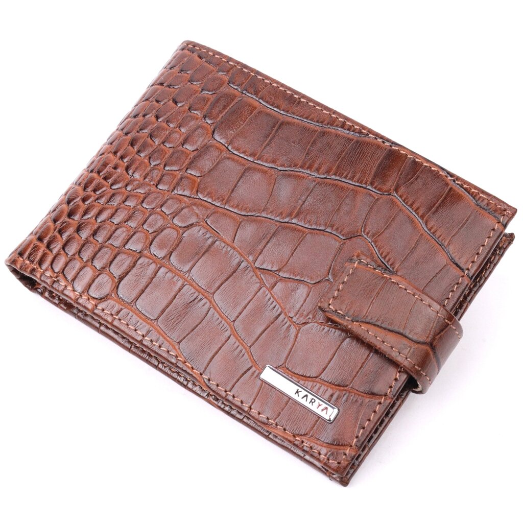 Цікавий чоловічий гаманець із натуральної шкіри з тисненням під крокодила KARYA 21202 Коричневий від компанії Shock km ua - фото 1