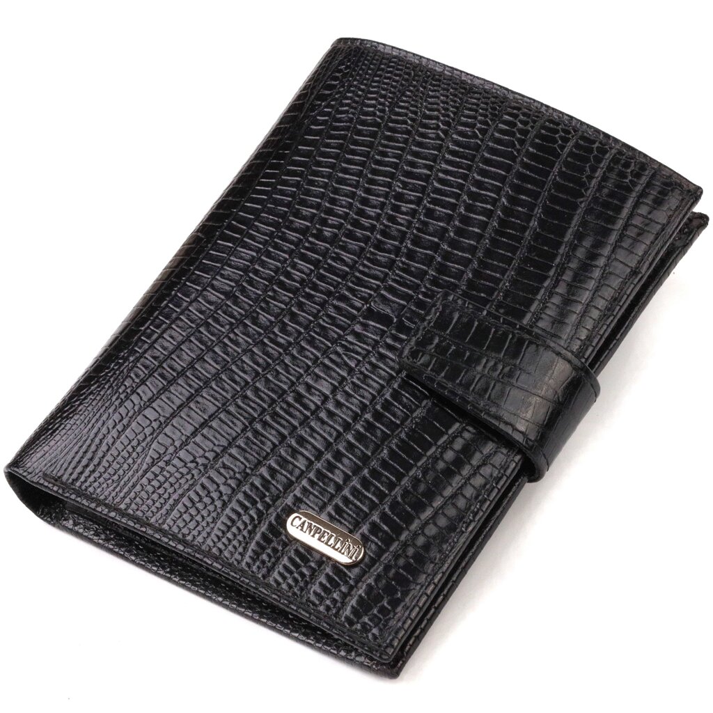 Фактурний вертикальний чоловічий гаманець середнього розміру з натуральної шкіри з тисненням CANPELLINI 21859 Чорний від компанії Shock km ua - фото 1