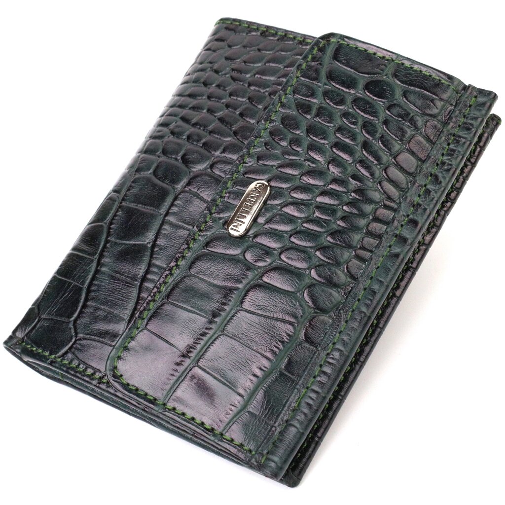 Гарний гаманець для жінок середнього розміру з натуральної шкіри з тисненням під крокодила CANPELLINI 21815 Зелений від компанії Shock km ua - фото 1