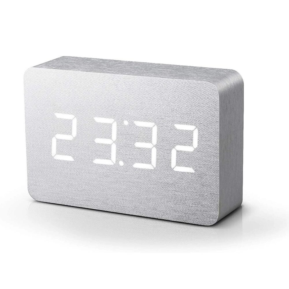 Годинник-будильник на акумуляторі з термометром "BRICK", білий алюміній. від компанії Shock km ua - фото 1