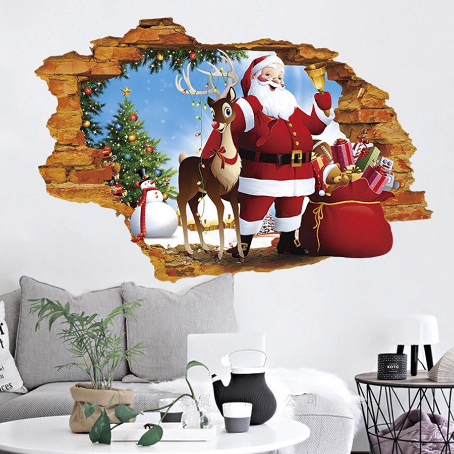 Інтер'єрна наклейка 3D Санта Клаус та Рудольф XH7247 50х70см від компанії Shock km ua - фото 1