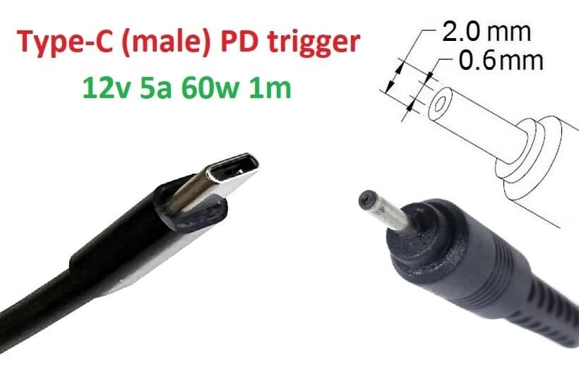 Кабель-перехідник тригер PD 12v Type-C (max 5a, 60w) на 2.0x0.6(1.0) mm 1m з USB Type-C (male) Power Delivery PD тригер  від компанії Shock km ua - фото 1