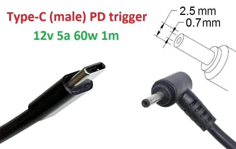 Кабель-перехідник тригер PD 12v Type-C (max 5a, 60w) на 2.5(2.35)x0.7mm 1m з USB Type-C (male) Power Delivery PD тригер  від компанії Shock km ua - фото 1