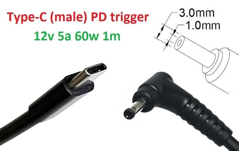 Кабель-перехідник тригер PD 12v Type-C (max 5a, 60w) на 3.0x1.0(0.9/1.1) mm 1m з USB Type-C (male) Power Delivery PD від компанії Shock km ua - фото 1