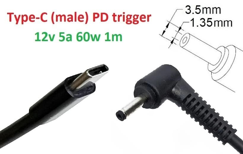 Кабель-перехідник тригер PD 12v Type-C (max 5a, 60w) на 3.5x1.35mm 1m з USB Type-C (male) Power Delivery PD тригер (A від компанії Shock km ua - фото 1