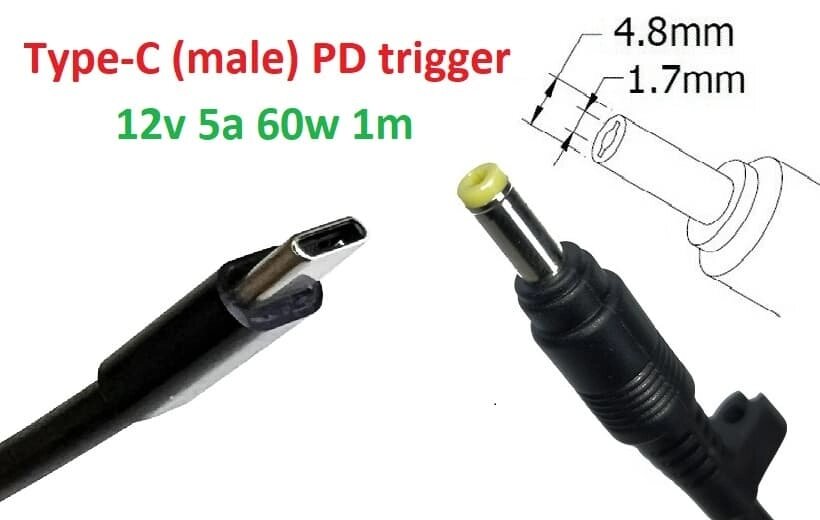 Кабель-перехідник тригер PD 12v Type-C (max 5a, 60w) на 4.8x1.7mm 1m з USB Type-C (male) Power Delivery PD тригер (A від компанії Shock km ua - фото 1