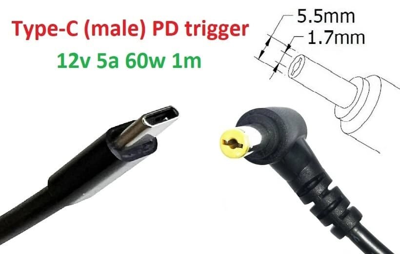 Кабель-перехідник тригер PD 12v Type-C (max 5a, 60w) на 5.5x1.7mm 1m з USB Type-C (male) Power Delivery PD тригер (A від компанії Shock km ua - фото 1