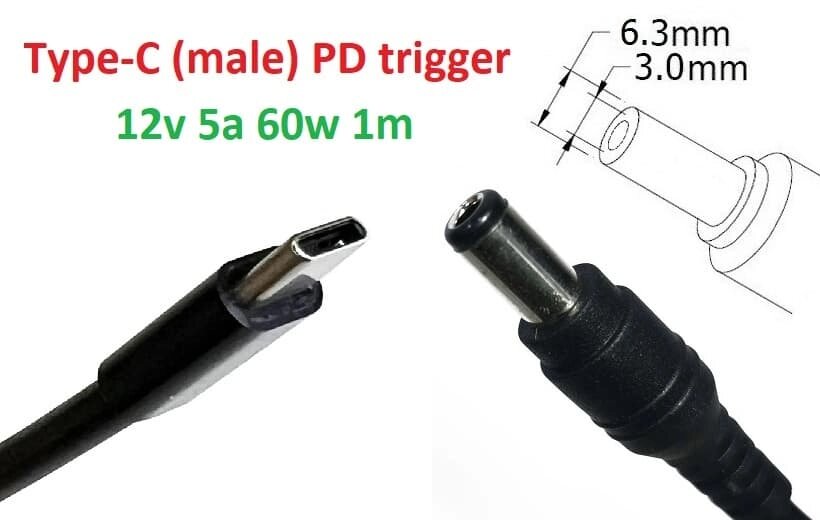 Кабель-перехідник тригер PD 12v Type-C (max 5a, 60w) на 6.3x3.0mm 1m з USB Type-C (male) Power Delivery PD тригер (A від компанії Shock km ua - фото 1