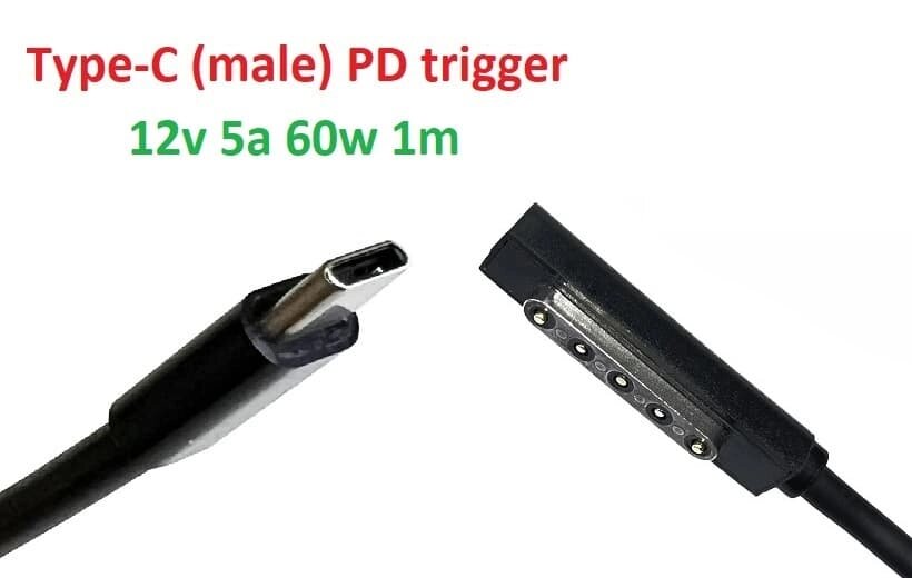 Кабель-перехідник тригер PD 12v Type-C (max 5a, 60w) на Microsoft 5pin SurFace 1/2 1m з USB Type-C (male) Power від компанії Shock km ua - фото 1